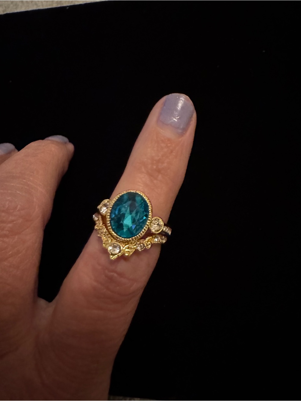 Gold Ring with Teal Oval Crystal and Accent Stones